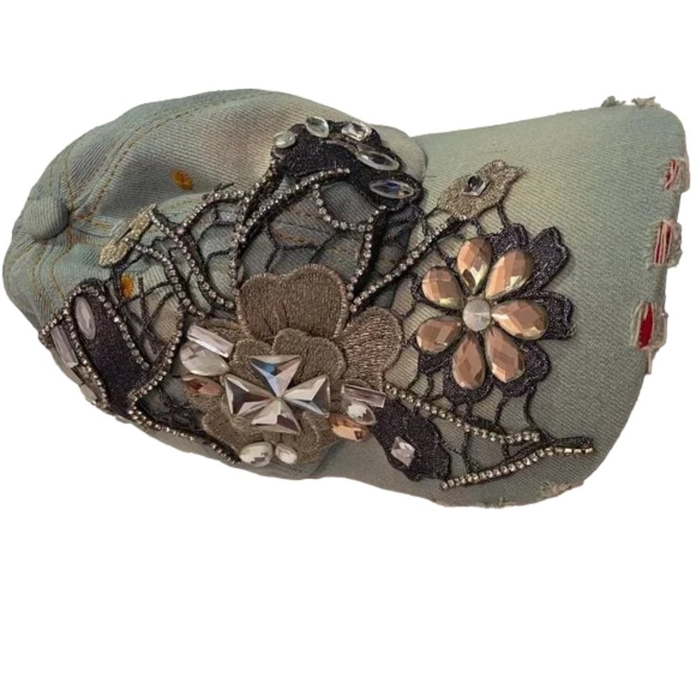 Denim Destressed Bling Hat - adjustable